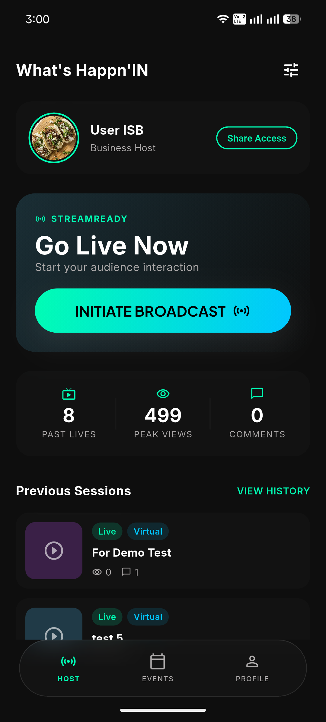 Happn'IN Live host dashboard with an Initiate Broadcast button