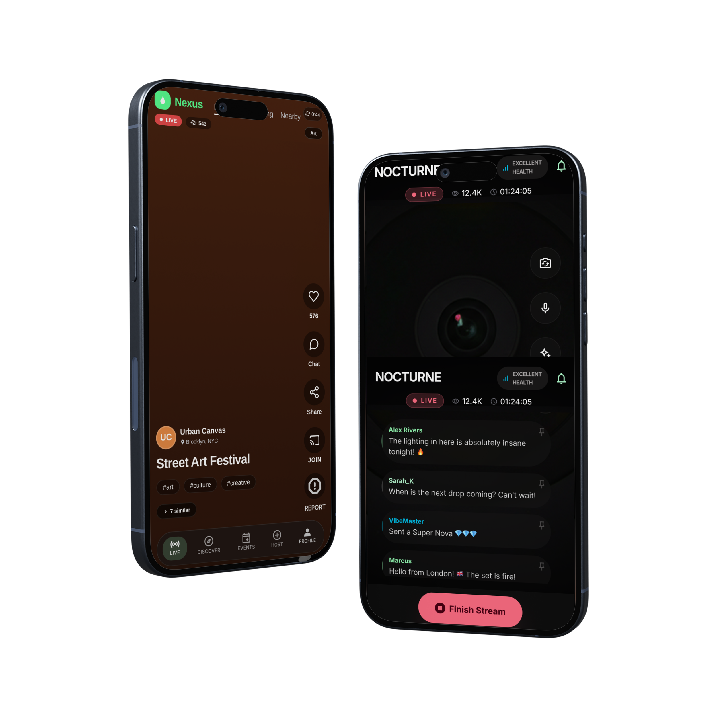 Happn'IN Live app broadcasting experience shown on two smartphones